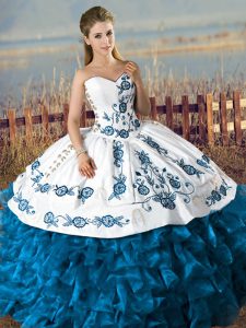 Dynamic Teal Lace Up Sweetheart Embroidery and Ruffles Sweet 16 Dresses Satin and Organza Sleeveless