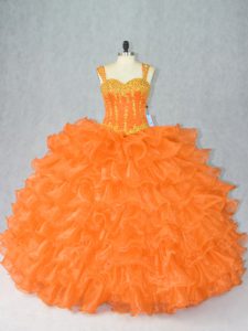Extravagant Straps Sleeveless Organza Quince Ball Gowns Beading and Ruffles Lace Up