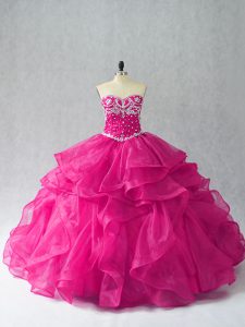 Eye-catching Fuchsia Sleeveless Organza Lace Up Sweet 16 Dresses for Sweet 16 and Quinceanera