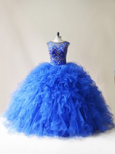 Pretty Royal Blue Sleeveless Tulle Lace Up Ball Gown Prom Dress for Sweet 16 and Quinceanera