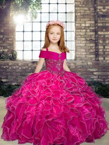 Custom Made Organza Straps Sleeveless Lace Up Beading and Ruffles Pageant Gowns For Girls in Fuchsia