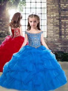 Floor Length Blue Child Pageant Dress Organza Sleeveless Beading