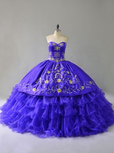 Blue Sleeveless Floor Length Embroidery and Ruffled Layers Lace Up Quince Ball Gowns