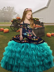 Sleeveless Lace Up Floor Length Embroidery and Ruffled Layers Girls Pageant Dresses