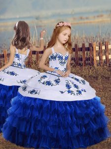 Elegant Organza Straps Sleeveless Lace Up Embroidery and Ruffled Layers Little Girls Pageant Dress in Royal Blue