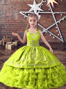 Sleeveless Floor Length Embroidery and Ruffled Layers Lace Up Pageant Dress for Womens with Yellow Green