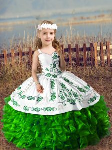 Green Ball Gowns Organza Straps Sleeveless Embroidery and Ruffles Floor Length Lace Up Child Pageant Dress