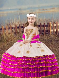 Latest Fuchsia Straps Lace Up Beading and Embroidery and Ruffled Layers Little Girls Pageant Dress Wholesale Sleeveless