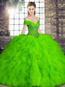 Superior Green Ball Gowns Off The Shoulder Sleeveless Tulle Floor Length Lace Up Beading and Ruffles Quince Ball Gowns