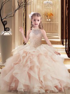 Perfect Tulle Sleeveless Floor Length Girls Pageant Dresses Brush Train and Beading