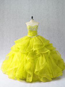 Hot Selling Yellow Green Organza Lace Up Sweetheart Sleeveless Floor Length Quinceanera Gown Beading and Ruffles