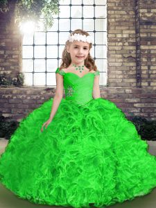 Fashion Floor Length Green Kids Pageant Dress Organza Sleeveless Beading and Ruffles