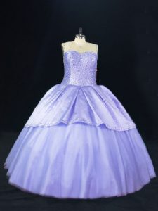 Lavender Ball Gowns Beading Ball Gown Prom Dress Lace Up Tulle Sleeveless Floor Length