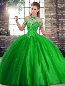 Popular Ball Gowns Sleeveless Green Quince Ball Gowns Brush Train Lace Up