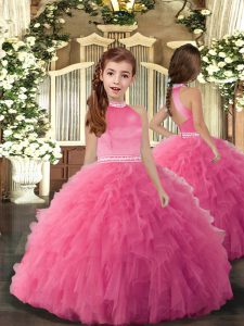 Amazing Floor Length Backless Kids Formal Wear Rose Pink for Party and Sweet 16 and Wedding Party with Beading and Ruffles