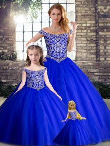 Sweet Royal Blue Quince Ball Gowns Tulle Brush Train Sleeveless Beading