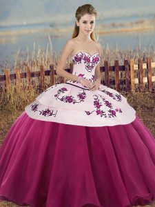 Noble Fuchsia Sweetheart Neckline Embroidery and Bowknot Sweet 16 Dresses Sleeveless Lace Up