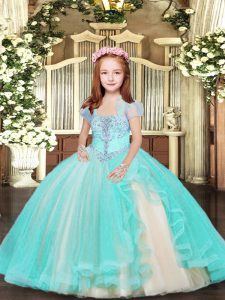 Straps Sleeveless Little Girl Pageant Gowns Floor Length Beading Aqua Blue Tulle