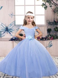 Fancy Light Blue Ball Gowns Tulle Off The Shoulder Sleeveless Lace and Belt Floor Length Lace Up Girls Pageant Dresses