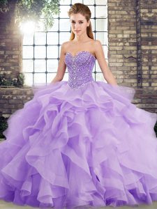 Simple Tulle Sleeveless Quince Ball Gowns Brush Train and Beading and Ruffles