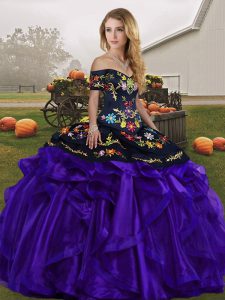 Modern Floor Length Lace Up Sweet 16 Dress Black And Purple for Military Ball and Sweet 16 and Quinceanera with Embroidery and Ruffles