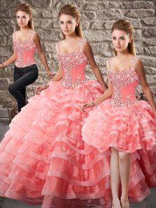 Romantic Straps Sleeveless Quince Ball Gowns Court Train Beading and Ruffled Layers Watermelon Red Organza