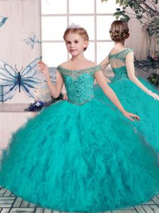 Teal Tulle Lace Up Little Girl Pageant Dress Sleeveless Floor Length Beading