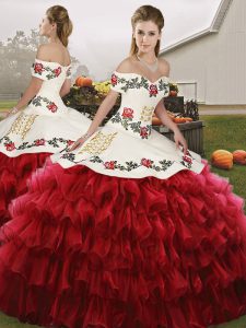 Custom Fit Wine Red Organza Lace Up Off The Shoulder Sleeveless Floor Length 15th Birthday Dress Embroidery and Ruffled Layers