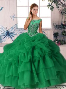 Green Ball Gowns Scoop Sleeveless Organza Brush Train Zipper Beading and Pick Ups Ball Gown Prom Dress