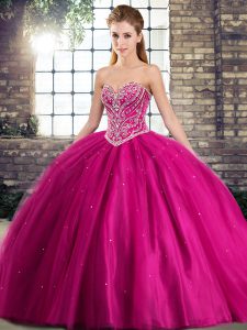 Tulle Sweetheart Sleeveless Brush Train Lace Up Beading Quinceanera Gowns in Fuchsia