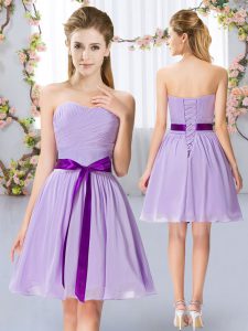 Clearance Chiffon Sweetheart Sleeveless Lace Up Belt Dama Dress for Quinceanera in Lavender