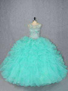 Scoop Sleeveless Organza Vestidos de Quinceanera Beading Lace Up