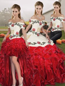 Stunning White And Red Off The Shoulder Lace Up Embroidery and Ruffles Vestidos de Quinceanera Sleeveless