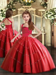 Red Straps Neckline Beading Little Girls Pageant Dress Sleeveless Lace Up