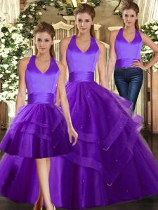 Floor Length Purple Quinceanera Dresses Halter Top Sleeveless Lace Up
