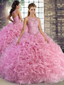 Popular Sleeveless Fabric With Rolling Flowers Floor Length Lace Up Ball Gown Prom Dress in Rose Pink with Beading