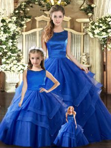 Glamorous Royal Blue Tulle Lace Up Scoop Sleeveless Floor Length 15th Birthday Dress Ruffled Layers
