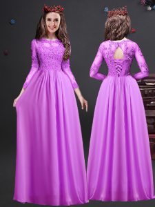 Fine Lilac Empire Chiffon Scoop Long Sleeves Appliques Floor Length Lace Up Court Dresses for Sweet 16