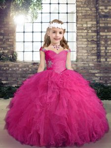 Sweet Tulle Sleeveless Floor Length Kids Formal Wear and Beading and Ruffles