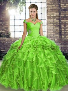 Organza Lace Up Sweet 16 Dresses Sleeveless Brush Train Beading and Ruffles