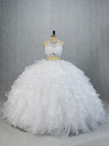 White Organza Lace Up Sweet 16 Quinceanera Dress Sleeveless Brush Train Beading and Ruffles