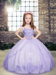 Sleeveless Floor Length Beading Lace Up Kids Formal Wear with Lavender