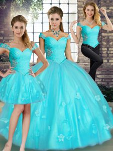 Simple Aqua Blue Sleeveless Tulle Lace Up Sweet 16 Quinceanera Dress for Military Ball and Sweet 16 and Quinceanera