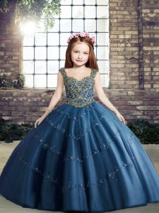 Floor Length Lace Up Little Girls Pageant Gowns Blue for Party and Wedding Party with Beading