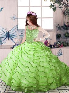 Sleeveless Organza Court Train Lace Up High School Pageant Dress in with Beading and Ruffled Layers