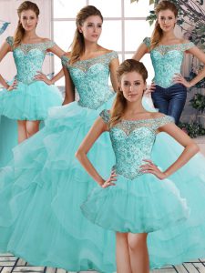 Wonderful Sleeveless Floor Length Beading and Ruffles Lace Up 15 Quinceanera Dress with Aqua Blue