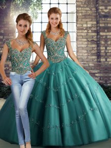 Teal Two Pieces Straps Sleeveless Tulle Floor Length Lace Up Beading and Appliques Vestidos de Quinceanera