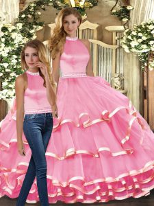 Pink Halter Top Neckline Ruffled Layers Quinceanera Gowns Sleeveless Backless