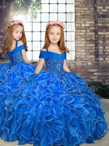 Beautiful Blue Organza Lace Up Straps Sleeveless Floor Length Little Girls Pageant Dress Beading and Ruffles