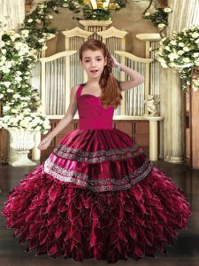 Hot Pink and Fuchsia Lace Up Pageant Dress for Teens Appliques and Ruffles Sleeveless Floor Length